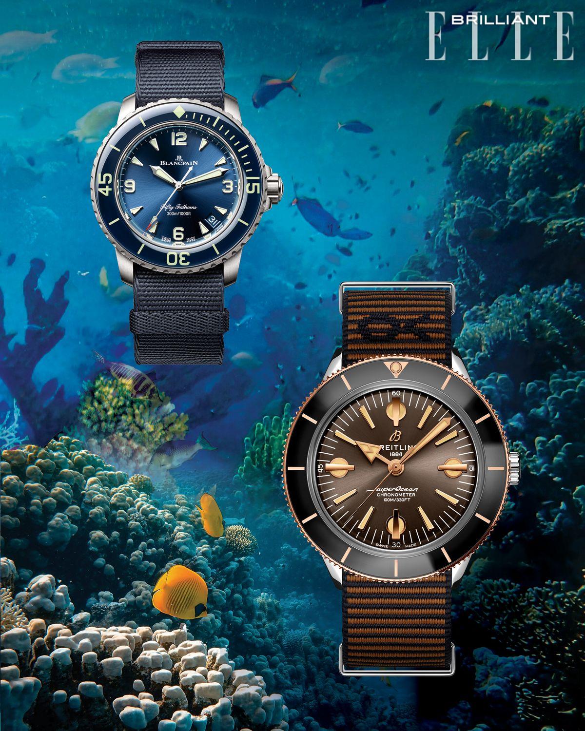 (왼쪽부터)나토 스트랩을 탑재한 피프티 패덤즈 오토매틱은 2천3백만원대 BLANCPAIN. 에코닐· 패브릭 스트랩을 장착한 슈퍼오션 헤리티지 57 아우터노운은 6백70만원대 BREITLING