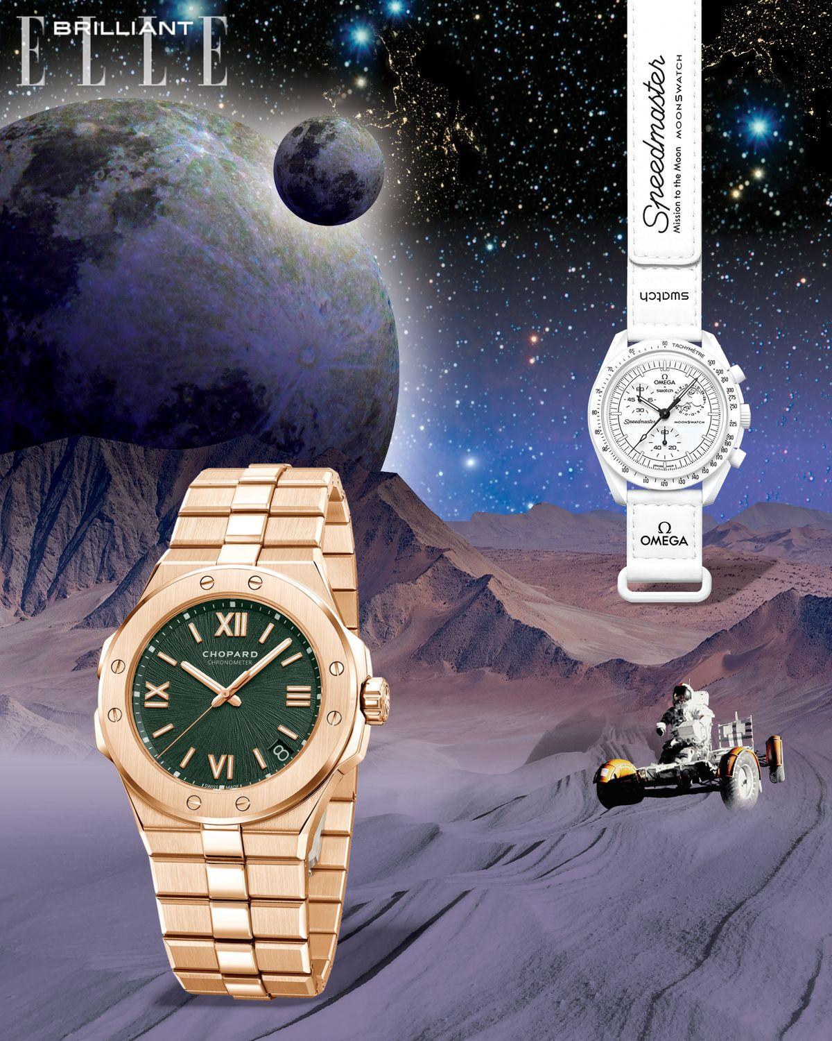 (왼쪽부터)골드 소재로 만든 알파인 이글은 1억40만원대 CHOPARD. 스와치와 오메가가 함께 선보인 ‘미션 투 더 문페이즈’는 42만원대 SWATCH.
