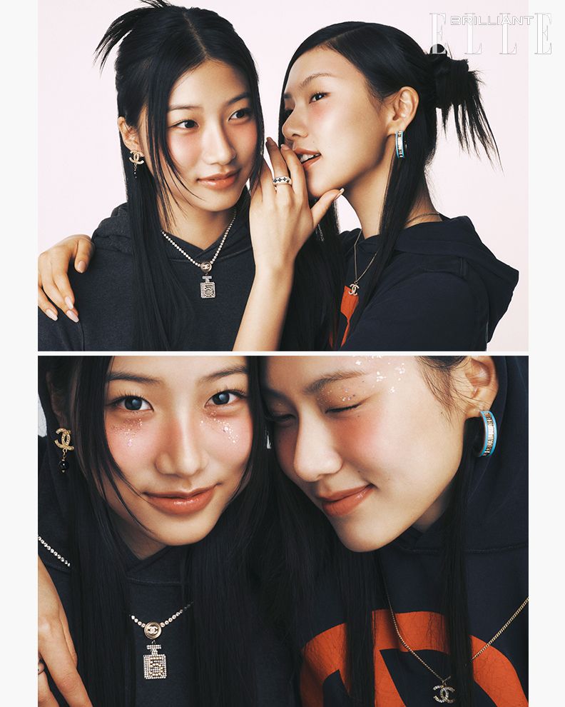 누리 이어링, 펜던트 네크리스는 모두 CHANEL. 후드 티셔츠는 BALENCIAGA. 하영 후프 이어링, 로고 네크리스는 모두 CHANEL. 링은 CHROME HEARTS. 후드 티셔츠는 BALENCIAGA.