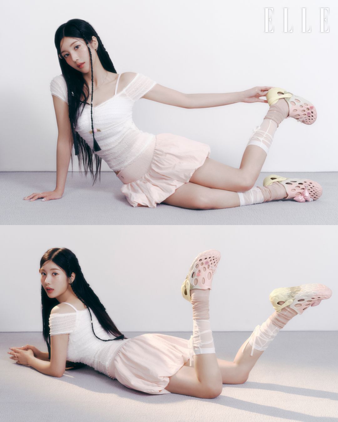 라이트 핑크 컬러 하이드로목 드리프트 슈즈는 7만9천원 Merrell. 레이스 톱은 Hetit. 벌룬 스커트는 Pain Or Pleasure. 헤어핀은 Sinoon. 네크리스는 Circlemakers. 링은 Carat Me. 삭스는 스타일리스트 소장품.