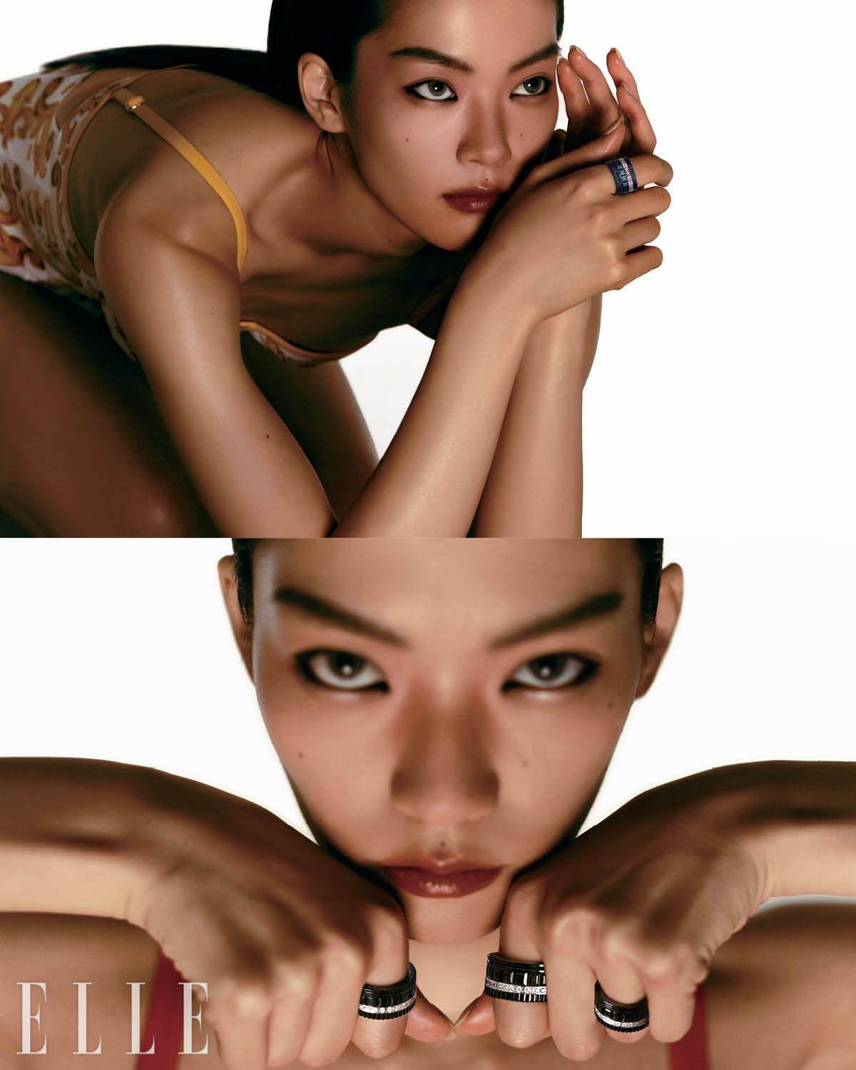 (위) 다이아몬드를 세팅한 화이트골드와 데님, 레진 소재로 완성한 콰트로 진 링은 가격 미정, Boucheron. 스윔수트는 가격 미정, Dolce & Gabbana. (아래) 양손에 착용한 다이아몬드 세팅의 콰트로 코팔리트 링은 가격 미정, 모두 Boucheron.