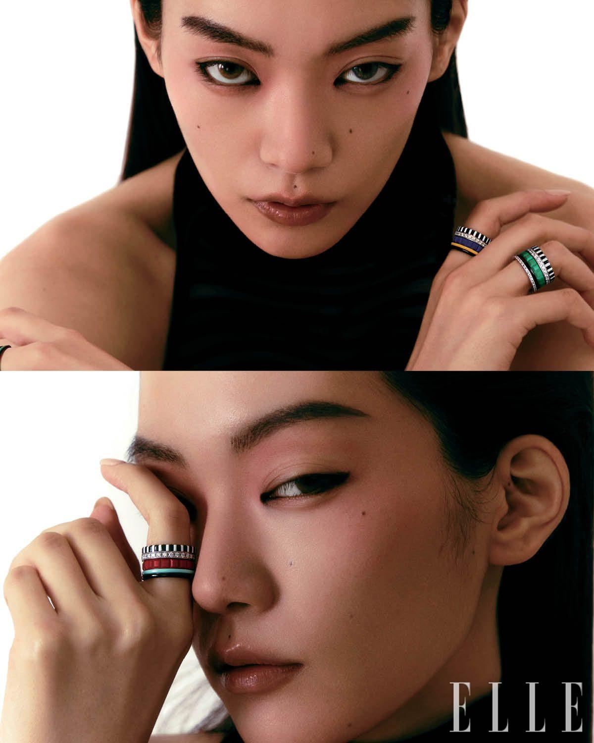 비비드 컬러가 돋보이는 푸이상스 콰트로 링은 2023 까르뜨 블랑슈 하이 주얼리의 모어 이즈 모어 컬렉션으로 가격 미정, 모두 Boucheron. 보디수트는 가격 미정, Alaïa.