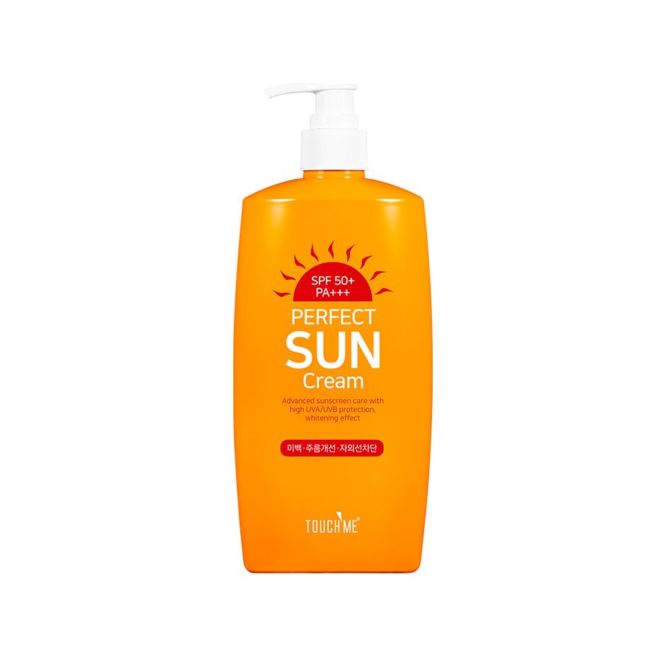터치미 퍼펙트 자외선 차단 선크림 SPF50+ PA+++: 미백, 주름 개선, 자외선 차단 3중 기능성 인증 제품. 알로에베라 등 진정 성분 함유. 유∙무기 혼합 필터 500mL 2만5천원선.