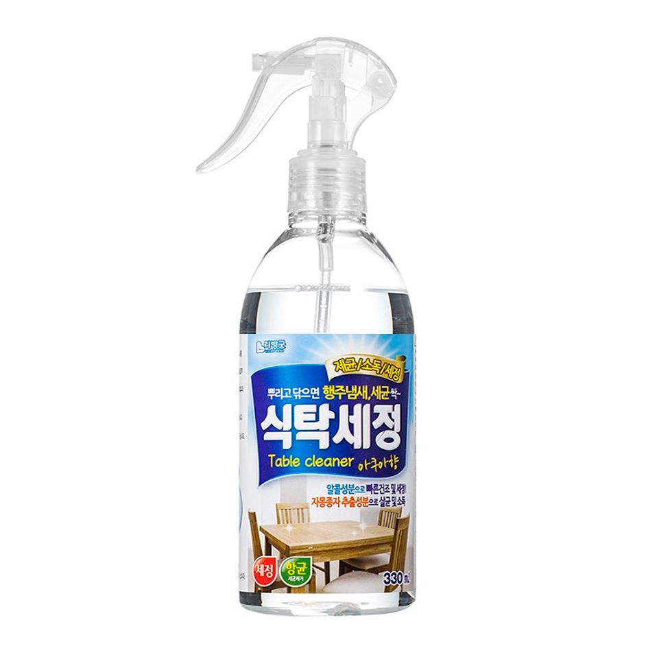 리빙굿 식탁 세정: 에탄올이 주성분인 식탁, 냉장고, 싱크대 상판 등 세정제. 살균, 세정 후엔 상쾌한 향이 남는다. 330mL