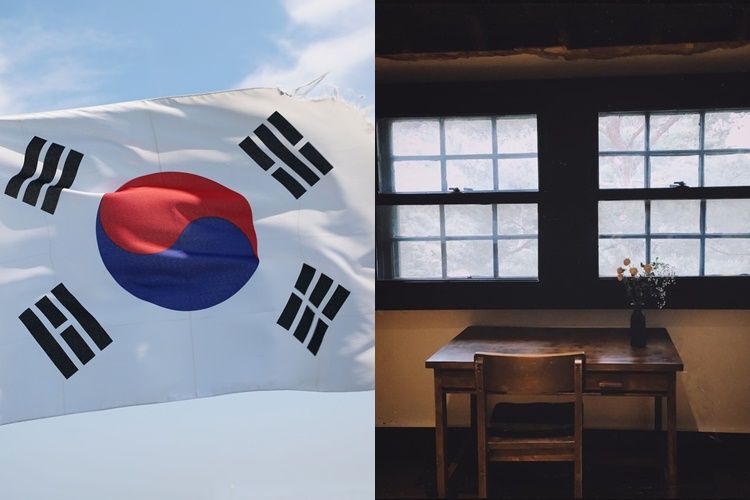 태극기(왼쪽), 윤동주 기념관 내부 
