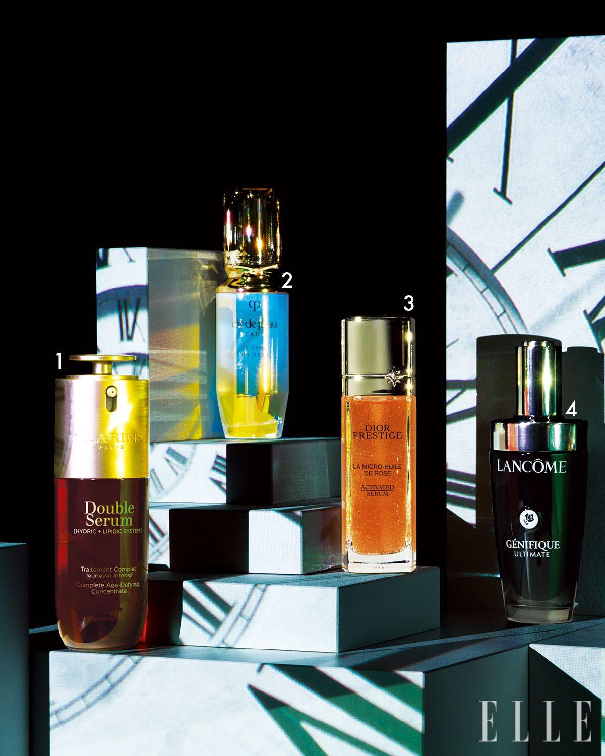 1 더블세럼 G9, 30ml 12만4천원대, 50ml 18만9천원대, 75ml 22만9천원대, Clarins. 2 더 세럼 II, 30ml 22만5천원대, 50ml 34만5천원대, 75ml 45만원대, Clé de Peau Beauté. 3 디올 프레스티지 라 마이크로 륄 드 로즈 액티베이티드 세럼, 30ml 39만9천원대, 50ml 54만6천원대, 75ml 68만원대, Dior Beauty. 4 제니피끄 얼티미트 세럼, 30ml 12만6천원대, 50ml 19만5천원대, 115ml 32만원대, Lancôme.