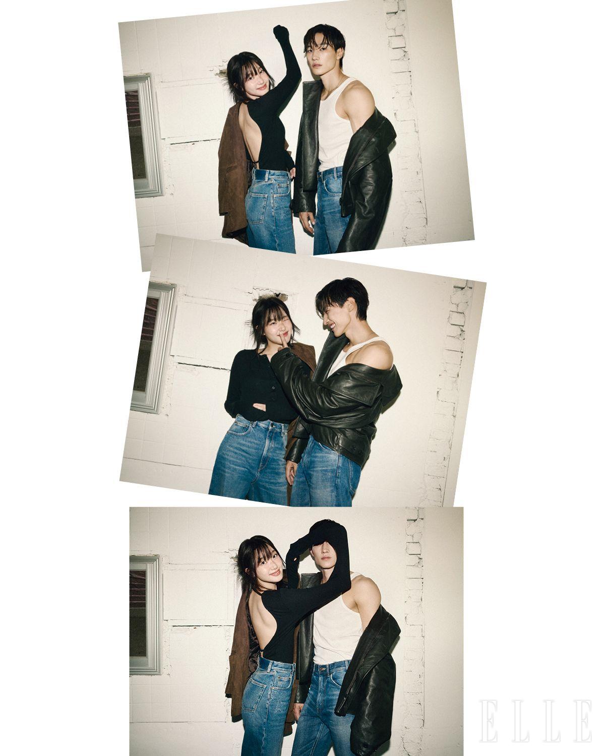김고은이 입은 보디수트는 Acne Studios. 데님 팬츠는 Golden Goose. 스웨이드 재킷은 Arket. 노상현이 입은 레더 재킷은 Lemaire. 이너 웨어로 입은 슬리브리스는 Saint Laurent. 데님 팬츠는 Celine.