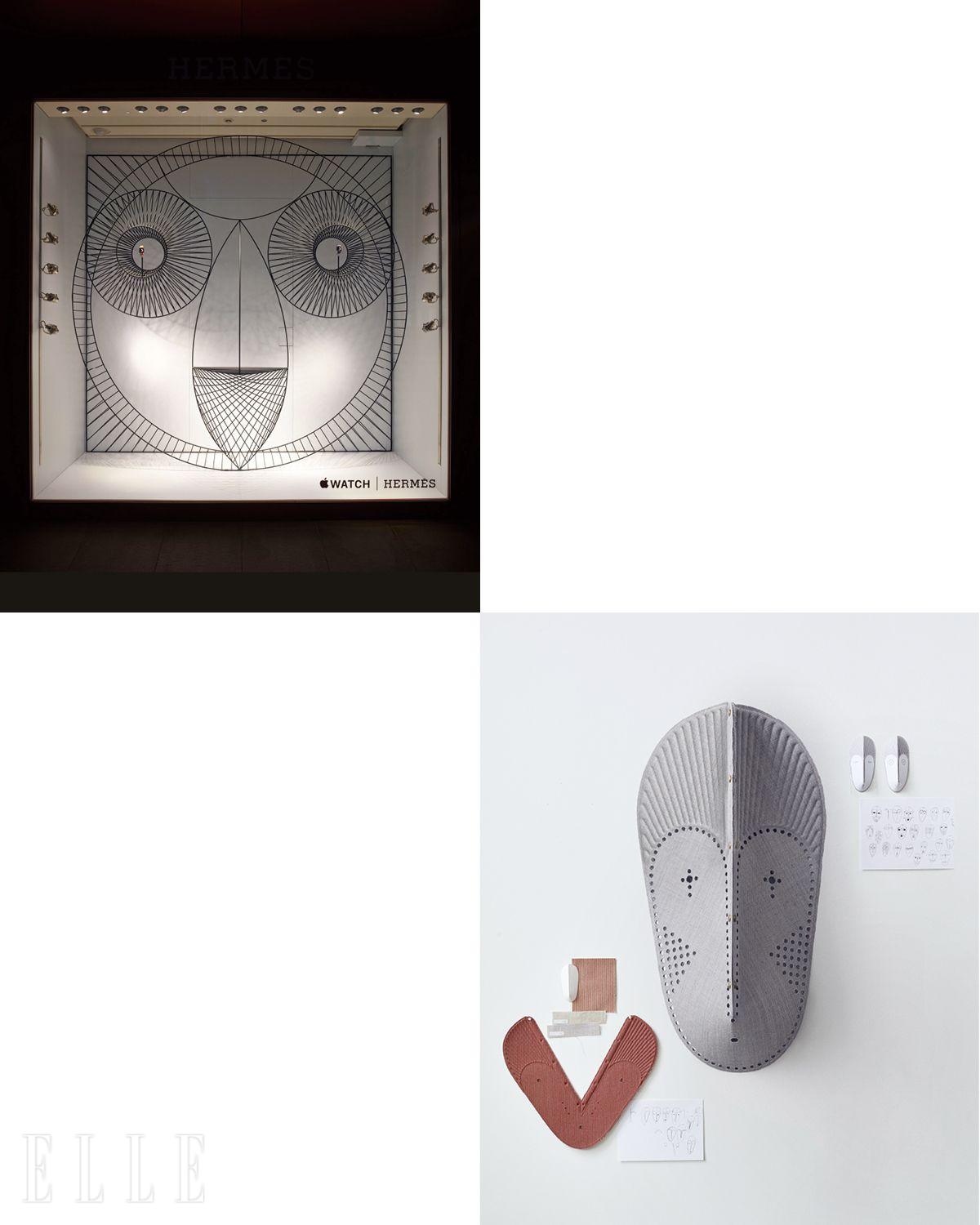(왼쪽) 에르메스 애플 워치를 위한 윈도 디자인. (오른쪽) 오른쪽은 크바드랏(Kvadrat)의 신제품 패브릭 전시에 선보인 마스크.