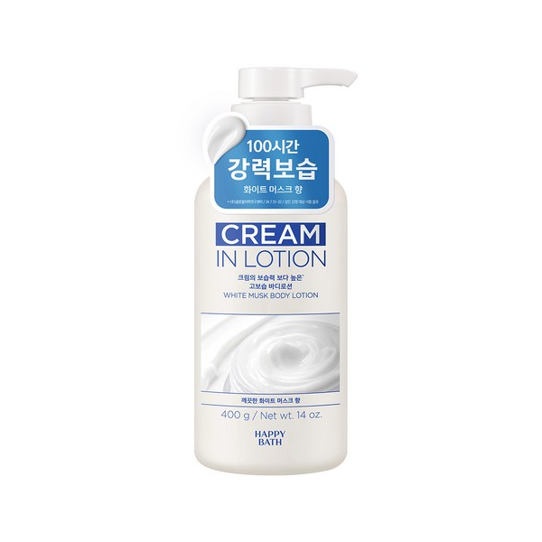 해피바스 크림 인 바디로션: 바르기 쉬운 로션 제형이지만 세라마이드, 판테놀 함량은 일반 크림보다 많은 건조 피부용. 400g 9,900원
