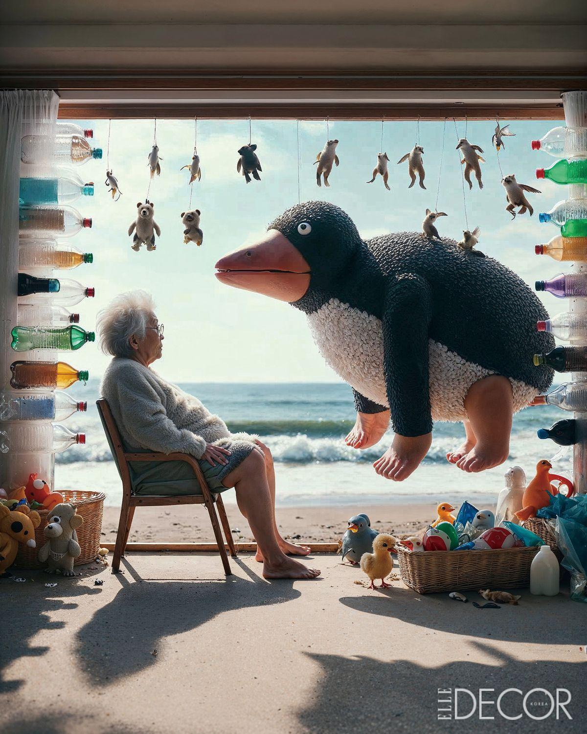 ‘A Plastic Vacation’. 해양 플라스틱을 재활용해 오두막을 디자인했던 경험을 떠올려 만든 장면.