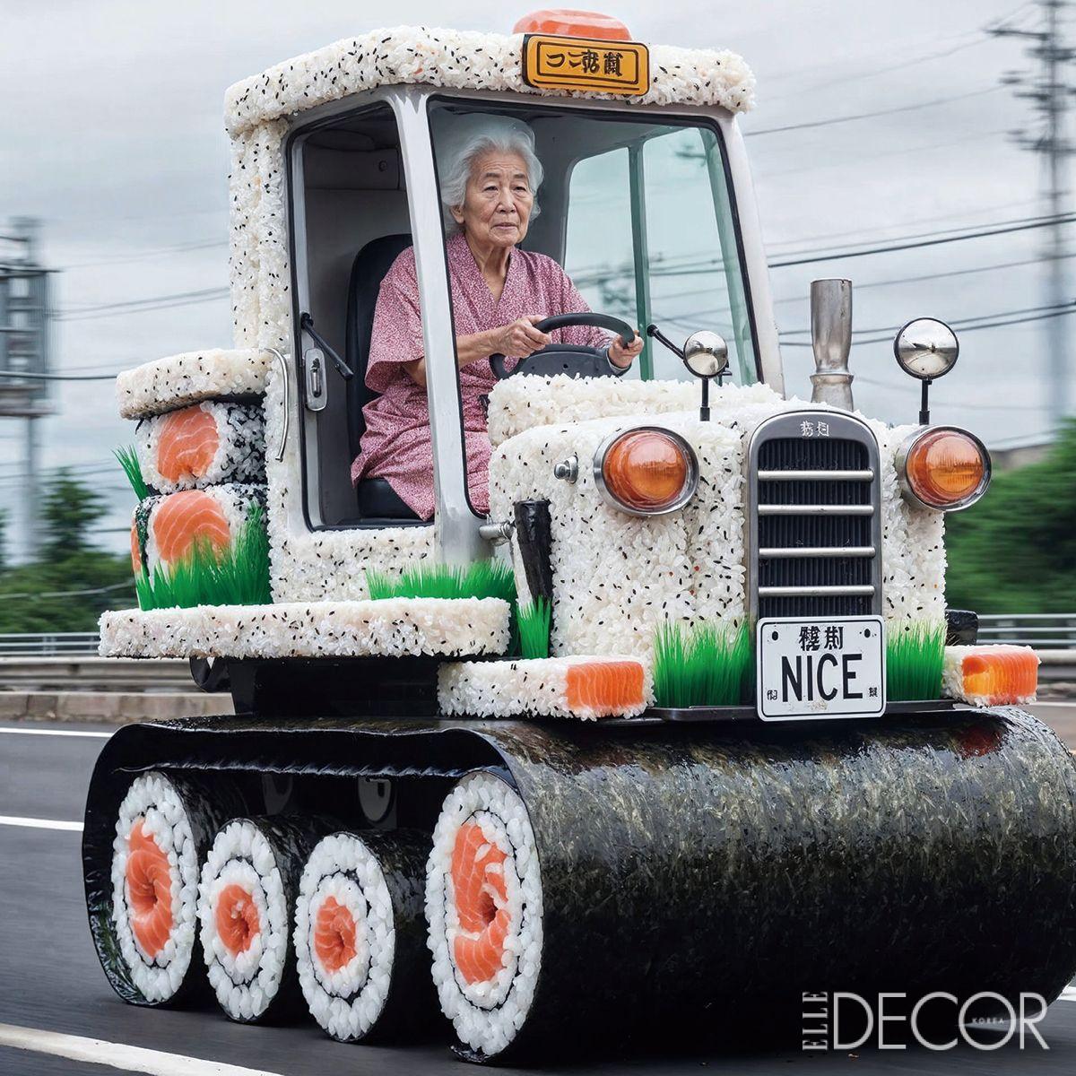 분해성 식용 재료로 만든 자동차를 모는 이모.