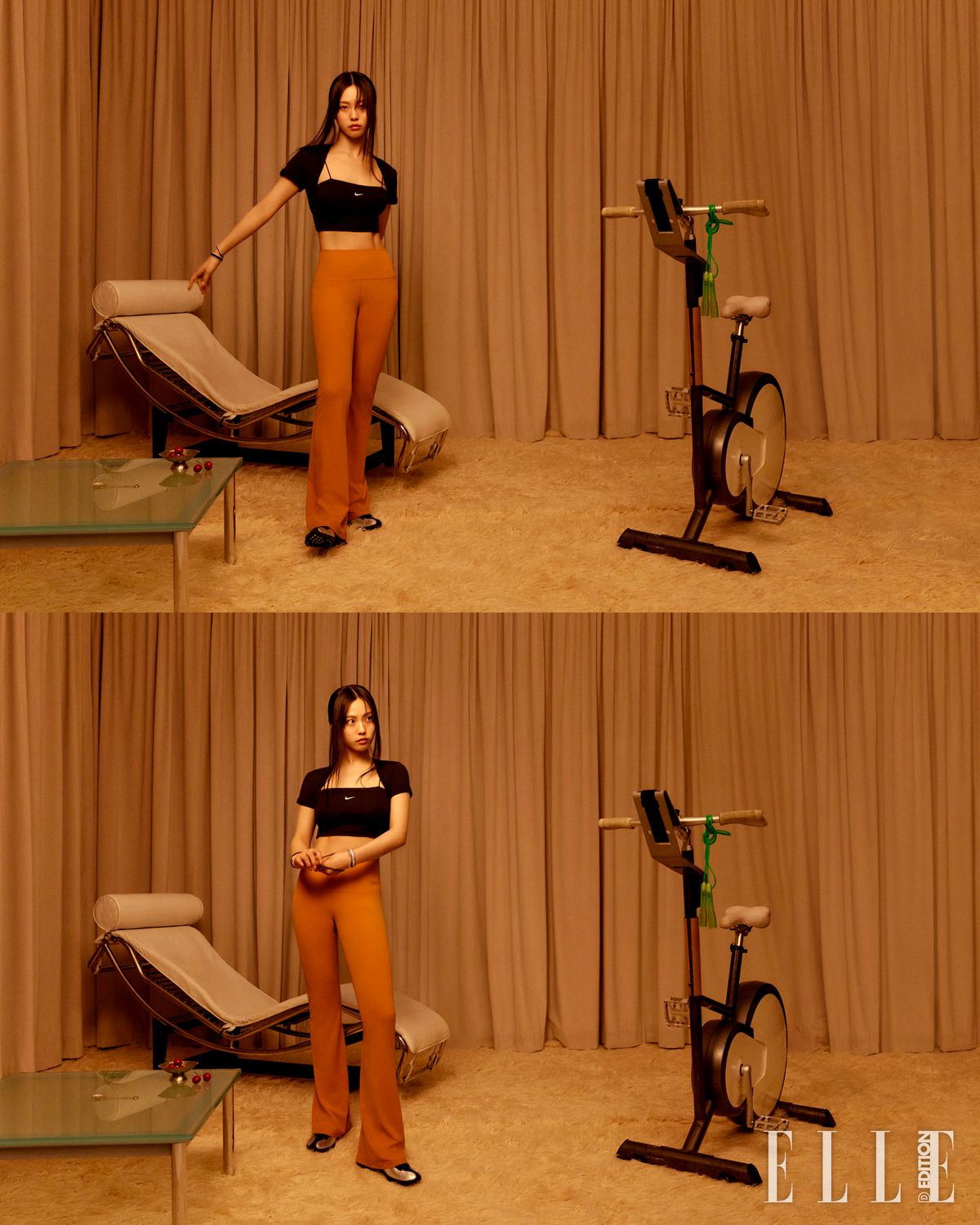 투-인-원 톱, 부드러운 촉감의 나이키 젠비 플레어 레깅스, ‘에어 슈퍼플라이’ 실버 컬러 스니커즈는 모두 Nike
