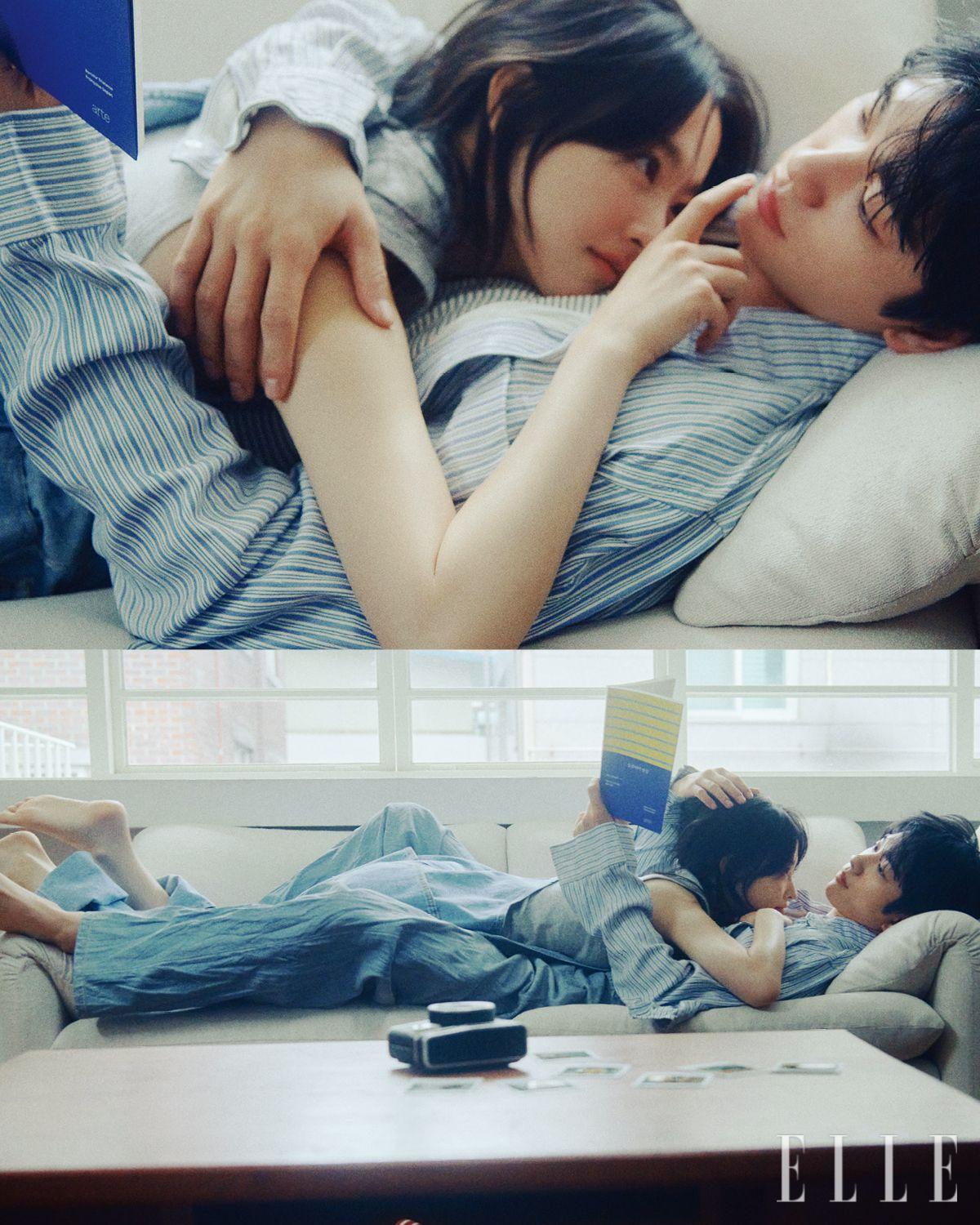(위) 보영이 입은 슬리브리스 톱은 Cos. 데님 오버올은 Sinoon. 진영이 입은 스트라이프 셔츠와 데님 효과 레더 팬츠는 모두 Bottega Veneta. 이너 스트라이프 톱은 Moonsun. (아래)_보영이 입은 슬리브리스 톱은 Cos. 데님 오버올은 Sinoon. 진영이 입은 스트라이프 셔츠와 데님 효과가 있는 레더 팬츠는 모두 Bottega Veneta. 이너 스트라이프 톱은 Moonsun. 스트라이프 룸 슈즈는 Foli.