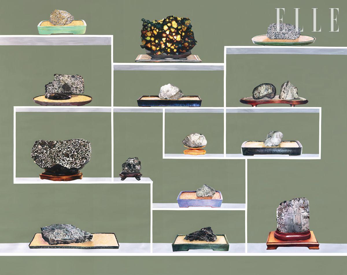 ‘15 Rocks from Outer Space’(2025). 서로 다른 돌의 형태와 시점을 한 화면에 겹쳐낸, 책거리 양식의 드로잉. 색연필이라는 친숙한 도구로 완성했다.