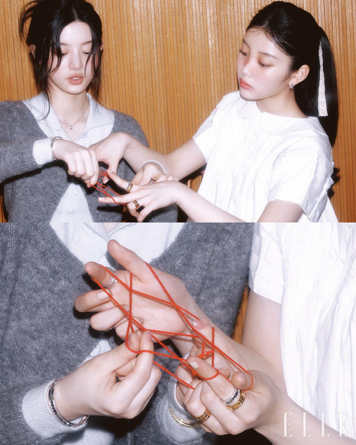 민주가 착용한 핑크골드 벨 에포크 릴 이어링, 다이아몬드 세팅 화이트골드 벨 에포크 릴 네크리스, 오른손에 착용한 다이아몬드 세팅 화이트골드 벨 에포크 릴 브레이슬릿, 왼손에 착용한 옐로골드와 핑크골드 벨 에포크 릴 브레이슬릿은 모두 Damiani. 니트 톱과 카디건은 모두 Shushu/Tong. 원희가 착용한 다이아몬드 세팅 벨 에포크 릴 이어링, 왼손 검지에 낀 다이아몬드 세팅 화이트골드 벨 에포크 릴 링, 레이어드한 옐로골드 벨 에포크 릴 링, 약지에 낀 핑크골드 벨 에포크 릴 링, 오른손 검지와 약지에 낀 다이아몬드 세팅의 화이트골드 벨 에포크 릴 링은 모두 Damiani. 셔츠는 Comme des Garçons.