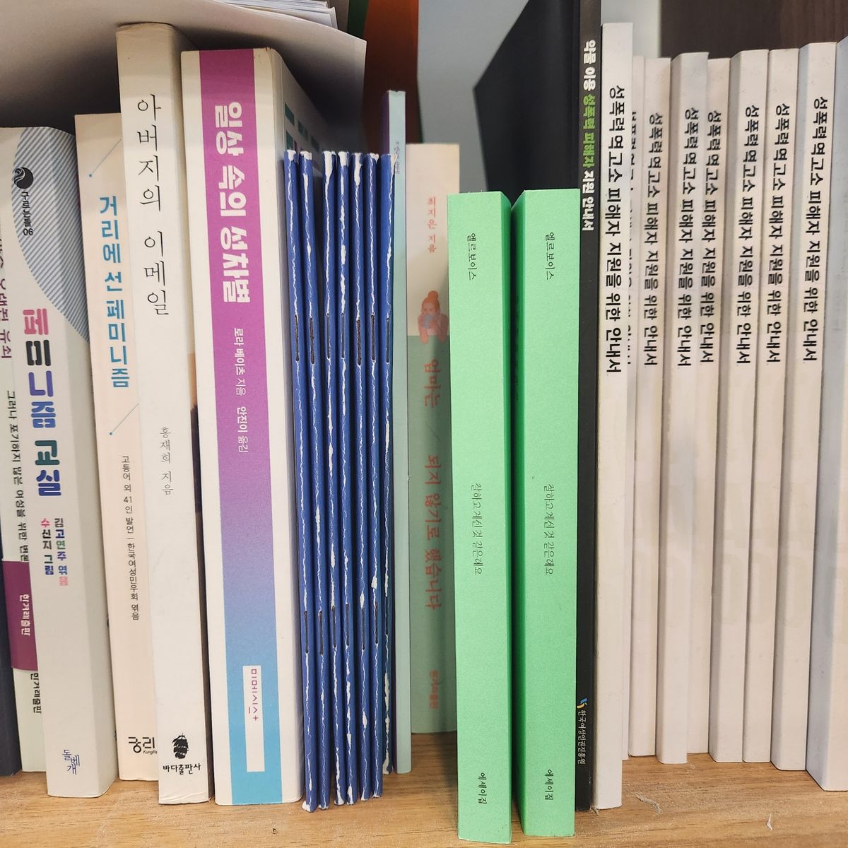한국여성의전화 쉼터에 기부된 엘르보이스 단행본 <잘하고 계신 것 같은데요>. 