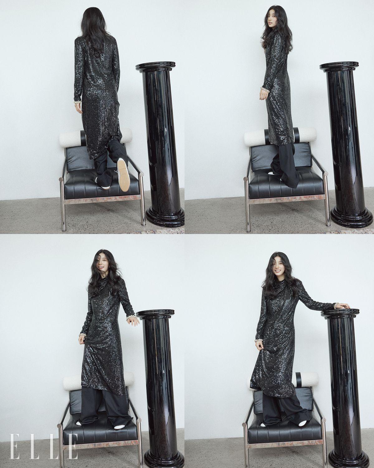 반짝이는 엠브로이더리 드레스와 플리츠 트라우저, 트리옹프 화이트 램스킨 슈즈는 모두 Celine.