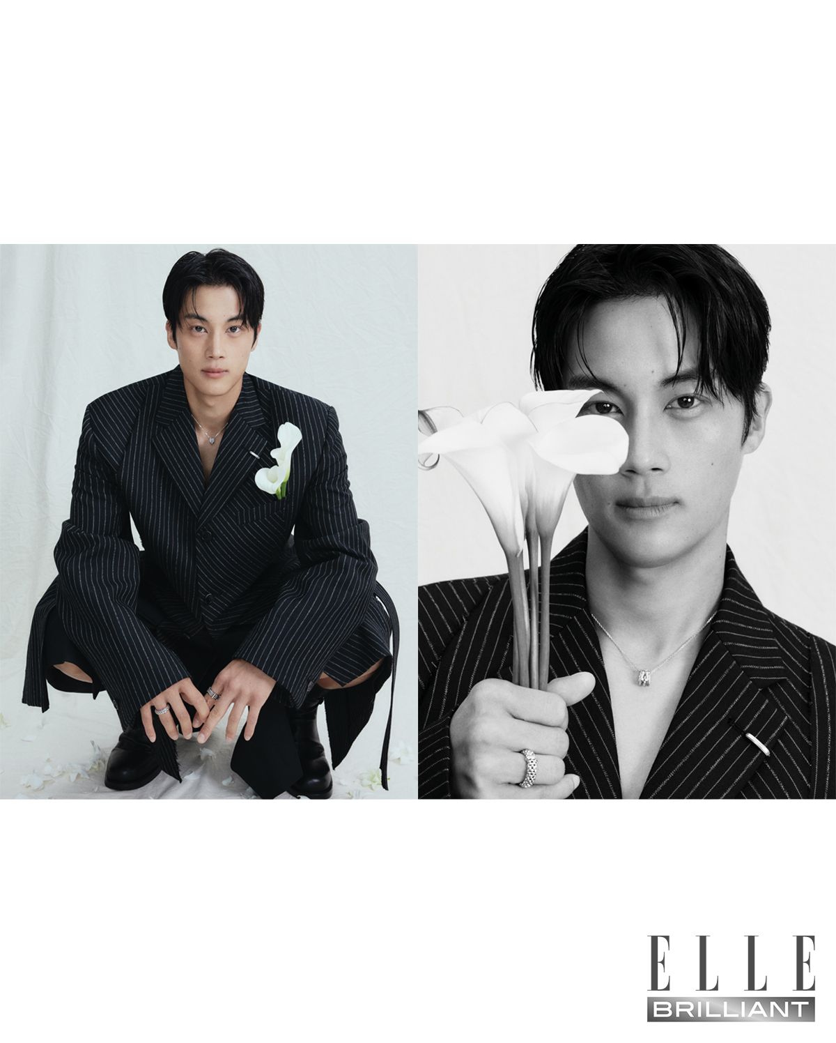 옐로 골드 소재의 로우 트위스트 코일이 특징인 ‘마라케시 컬렉션’ 네크리스는 1천5백만원대, 왼손에 착용한 ‘마라케시 컬렉션’ 링은 8백만원대 모두 MARCO BICEGO. 오른손에 착용한 옐로 골드 소재의 ‘플렉스잇’ 링은 4백만원대 FOPE. 드레이프 셔츠와 팬츠는 모두 가격 미정 JIYONGKIM. 슈즈는 48만8천원 CAMPER. ‘달무리’ 그림은 신우재의 작품 .
