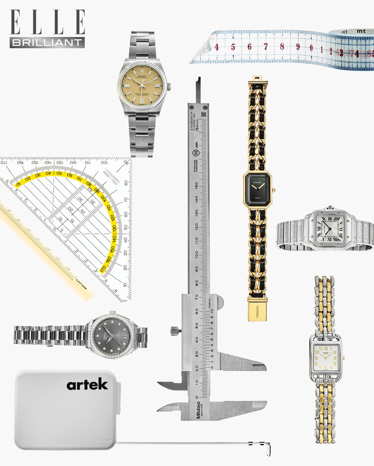 1 베이지 컬러 다이얼의 ‘오이스터 퍼페추얼 36mm’ 워치는 ROLEX. 2 26.1mmx20mm·7.6mm 사이즈의 ‘프리미에르 오리지널 에디션’ 워치는 CHANEL WATCHES. 3 27mmx34.5mm 사이즈의 ‘산토스 드 까르띠에’ 스몰 모델은 CARTIER. 4 31mm 스몰 다이얼의 ‘케이프 코드’ 워치는 HERMÈS. 5 30mm 그레이 다이얼의 ‘씨마스터 아쿠아 테라 30mm’ 워치는 OMEGA. 6 19.7mmx15.2mm·