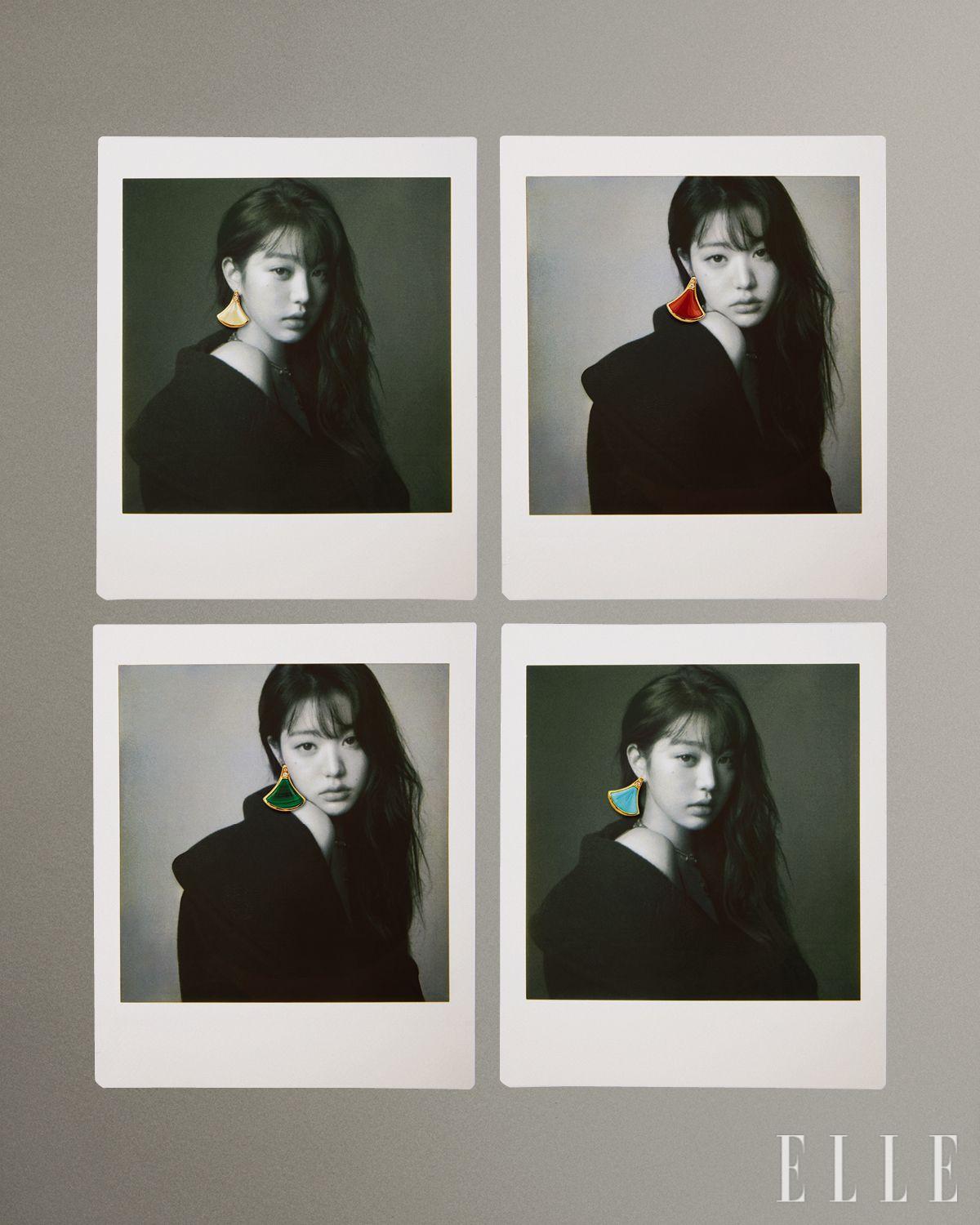 왼쪽 위부터 아이코닉한 부채꼴 모티프에 마더 오브 펄과 다이아몬드를 세팅한 로즈골드 ‘디바스 드림 싱글 이어링’, 선명한 레드 컬러의 커넬리언 스톤을 세팅한 ‘디바스 드림 싱글 이어링’, 말라카이트와 다이아몬드를 세팅한 로즈골드 ‘디바스 드림 싱글 이어링’, 터쿠아즈와 다이아몬드를 세팅한 ‘디바스 드림 싱글 이어링’은 모두 Bvlgari. 코트는 Alaïa.