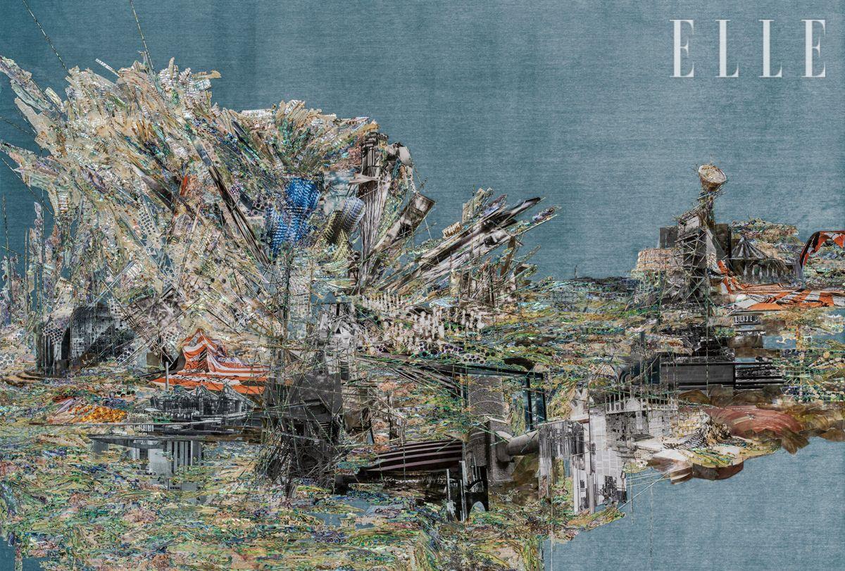 ‘몽그랑레시’와 ‘취약할 의향’ 등과 연계된 이미지와 내용을 다층적으로 콜라주해 사변적 소우주처럼 재구성하는 벨벳 평면 연작 중 ‘무제(취약할 의향-벨벳 #15)’(2021).