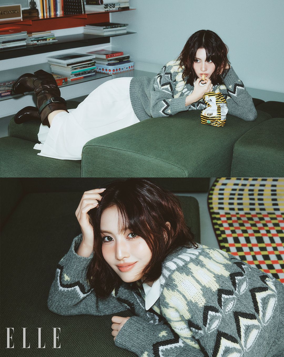 화이트 드레스와 노르딕 패턴 스웨터, 브라운 컬러의 힐 부츠는 모두 Onitsuka Tiger.