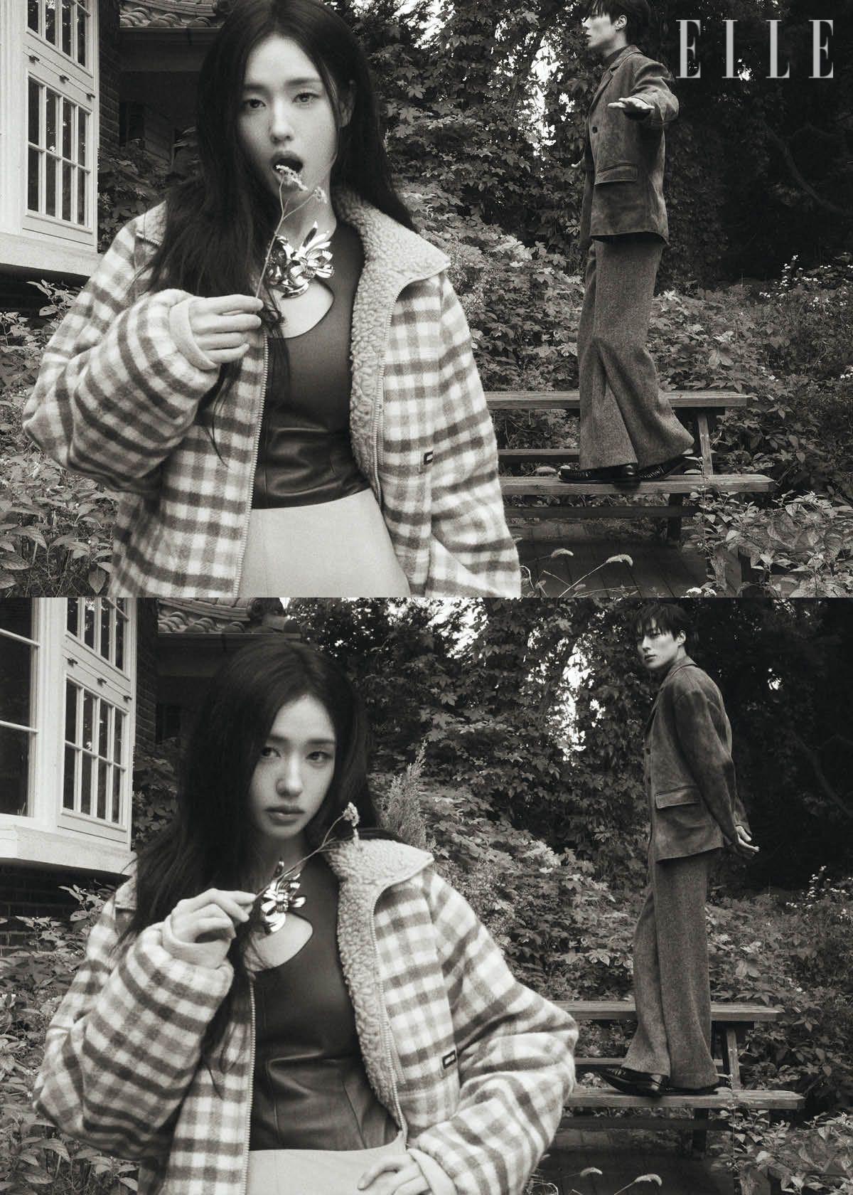 안은진이 입은 재킷과 레더 톱, 스커트, 브로치는 모두 Miu Miu. 장기용이 입은 레더 재킷과 캐시미어 스웨터, 울 팬츠는 모두 Miu Miu. 레더 로퍼는 Prada. 