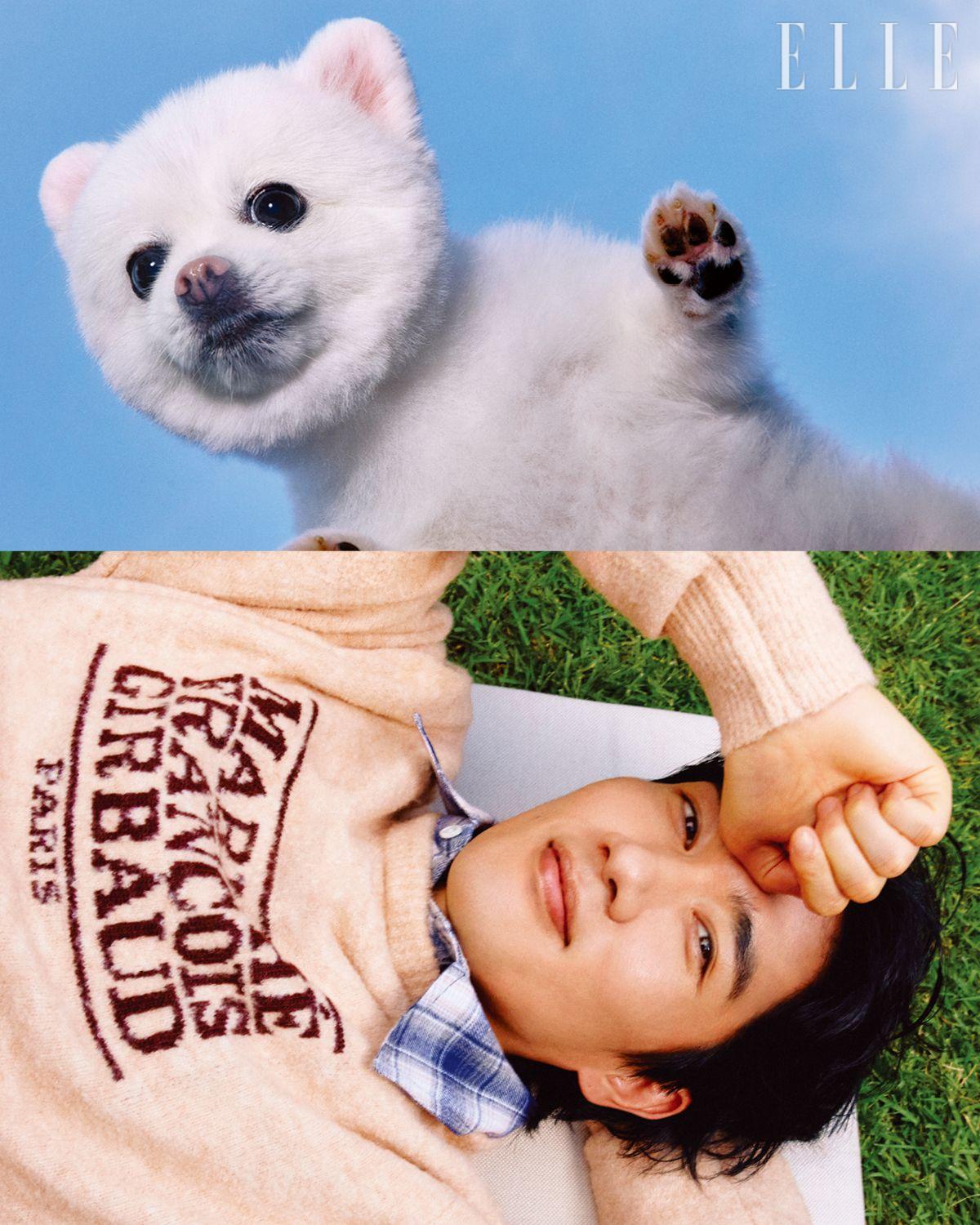 부클 클래식 로고 니트 톱과 레이어드한 체크 셔츠는 모두 Marithé+François Girbaud.