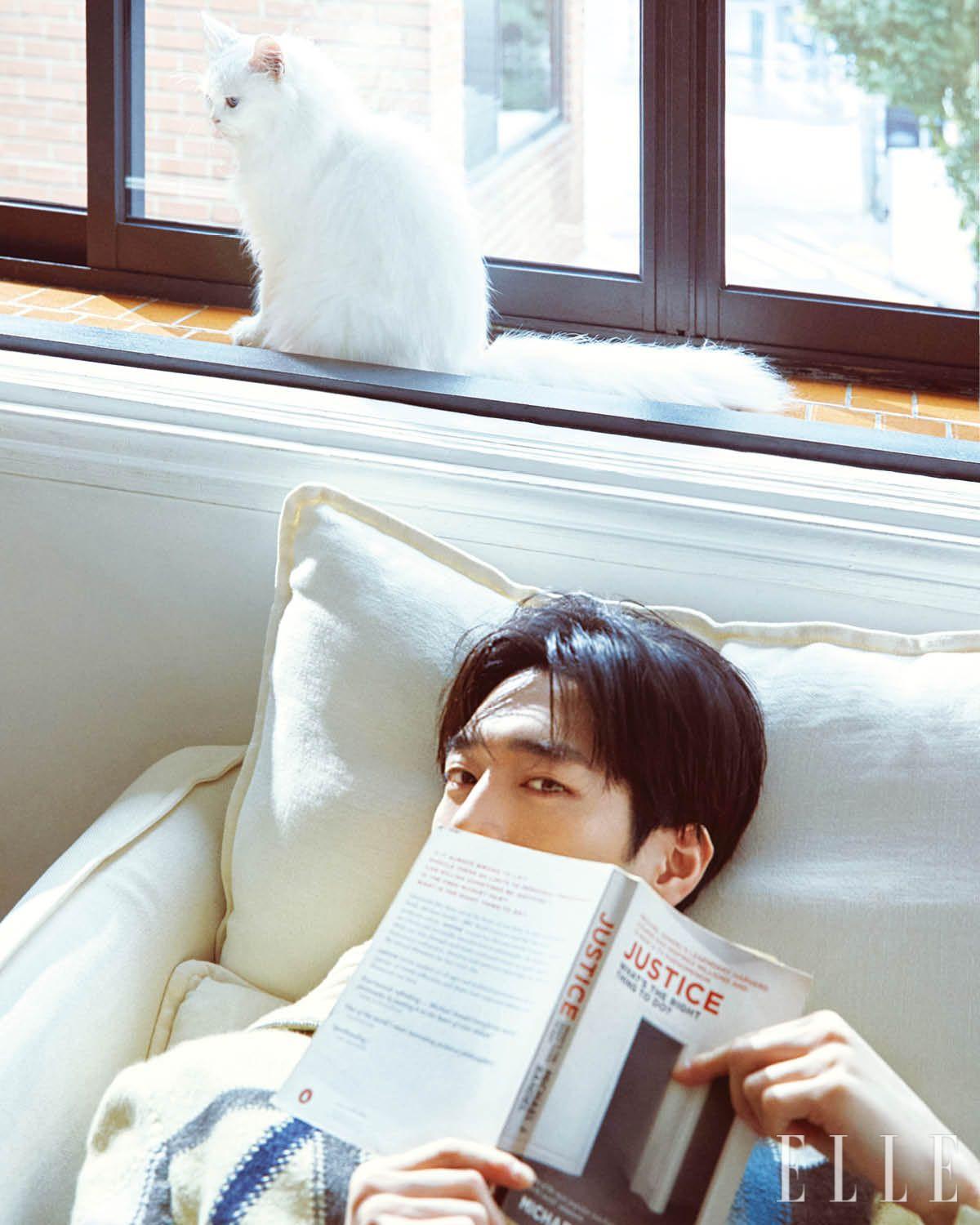 이너 웨어 옐로 셔츠와 멀티컬러 니트, 브라운 팬츠는 모두 Hermès.