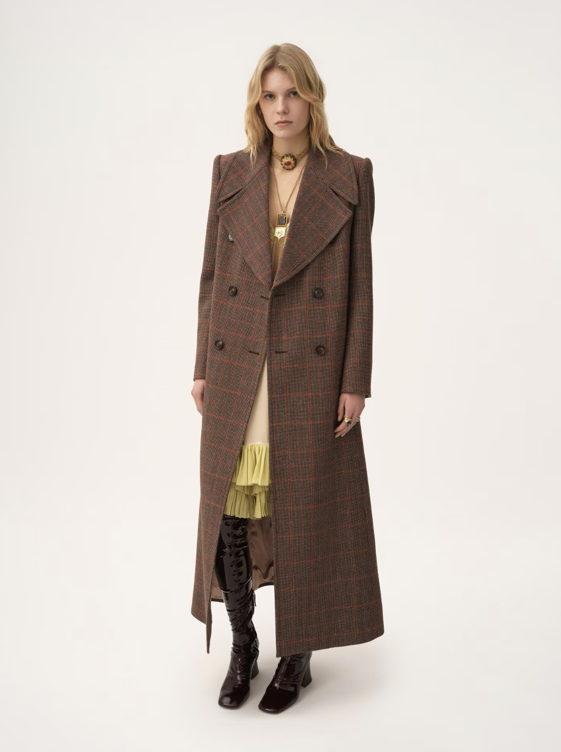 체크 울 롱 더블 브레스티드 코트