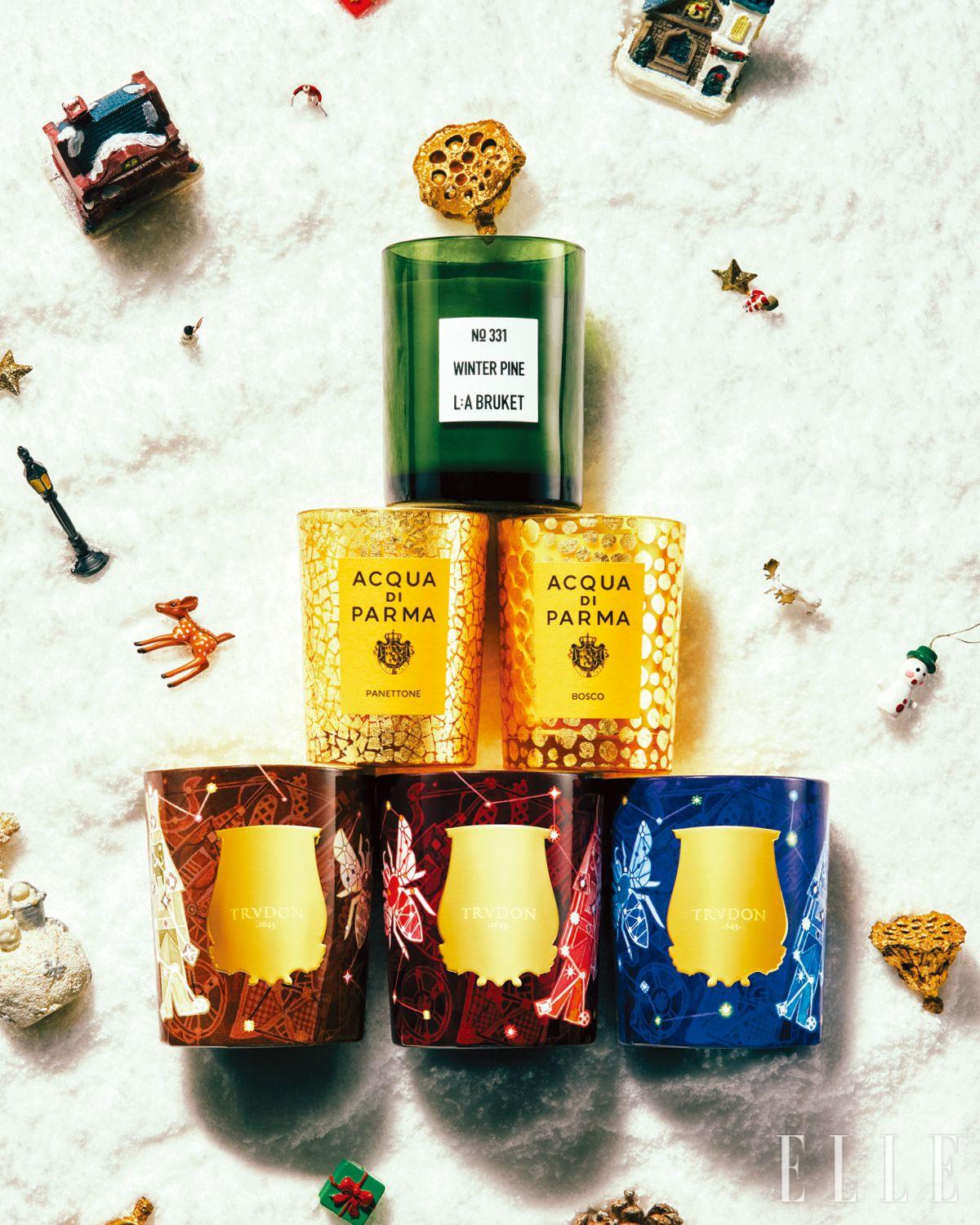 (위부터) 스웨덴 겨울 숲의 분위기를 닮은 그린 우디 계열의 향초. 로즈메리와 전나무, 민트가 자연스럽고 신선한 분위기를 자아낸다. 윈터파인 캔들, 260g 11만9천원, L:a Bruket. 밀란의 겨울 디저트인 파네토네 향을 바닐라와 오렌지 노트로 재해석했다. 2025 안텔라오 홀리데이 컬렉션 캔들, 파네토네, 유칼립투스와 소나무, 시더 우드가 만나 공간에 아로마틱한 무드를 더한다. 2025 안텔라오 홀리데이 컬렉션 캔들, 보스코, 각 200g 14만원, 모두 Acqua Di Parma. 앰버와 시더 우드, 통카 빈이 어우러진 감각적인 향기가 공간을 채운다. 2025 홀리데이 컬렉션 캔들, 리브라, 실론 시나몬과 오렌지, 버번 바닐라로 성경에 나오는 이스라엘 북부 지역의 신성한 무드를 그려냈다. 2025 홀리데이 컬렉션 캔들, 나자레쓰, 연꽃과 작약, 머스크 등 플로럴 향의 향연을 느낄 수 있는 캔들. 2025 홀리데이 컬렉션 캔들, 루나, 각 270g 19만원, 모두 Trudon.