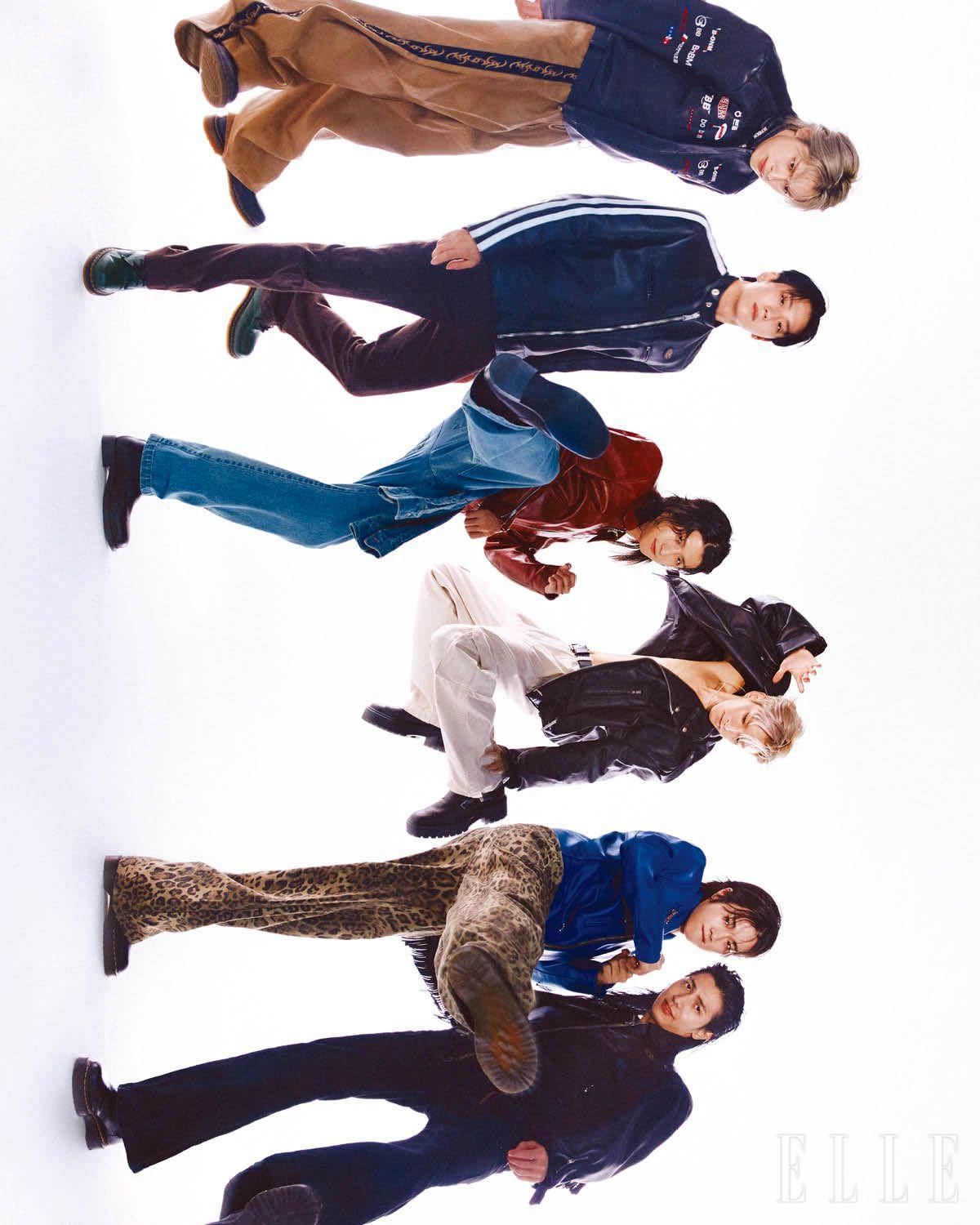 가온이 입은 바이커 재킷은 Bonbom. 팬츠는 Ajobyajo. 슈즈는 Dr. Martens. 건일이 입은 스트라이프 패턴 포인트의 레더 재킷은 Lewis Leathers by Hide and Ride. 팬츠는 스타일리스트 소장품. 슈즈는 Dr. Martens. 준한이 입은 레드 레더 재킷은 Lewis Leathers by Hide and Ride. 데님 팬츠는 BonBom. 레더 부츠는 Burberry. 오드가 입은 바이커 재킷과 팬츠는 모두 Loewe. 부츠와 벨트는 모두 스타일리스트 소장품. 정수가 입은 블루 컬러 레더 재킷은 Lewis Leathers by Hide and Ride. 레오퍼드 프린트 팬츠는 Duckdive. 슈즈는 Dr. Martens. 주연이 입은 프린지 디테일이 돋보이는 레더 재킷은 Lewis Leathers by Hide and Ride. 팬츠는 스타일리스트 소장품. 슈즈는 Dr. Martens.