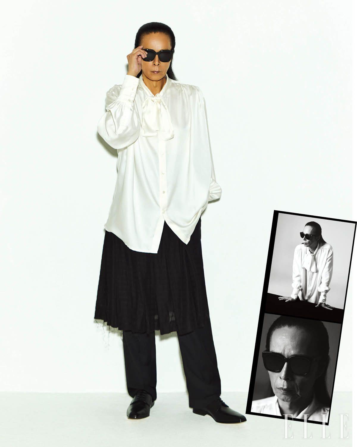 김태원이 입은 셔츠는 Lemeteque. 스커트는 Lecyto. 팬츠는 스타일리스트 소장품. 구두는 Alexander McQueen.