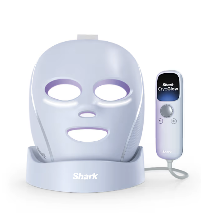 적색과 청색 LED 라이트 테라피와 크라이오(Cryo) 기술 기반의 냉각 기능을 제공하며, 눈가 쿨링 기능을 결합한 크라이오글로우 LED 페이스 마스크, Shark.