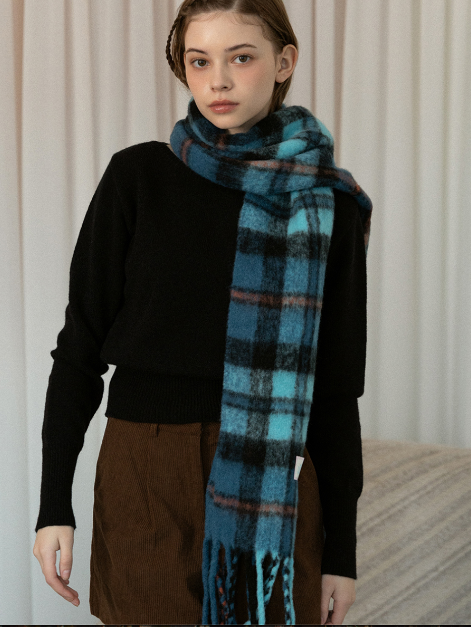 블루 체크 울 블랜디드 머플러