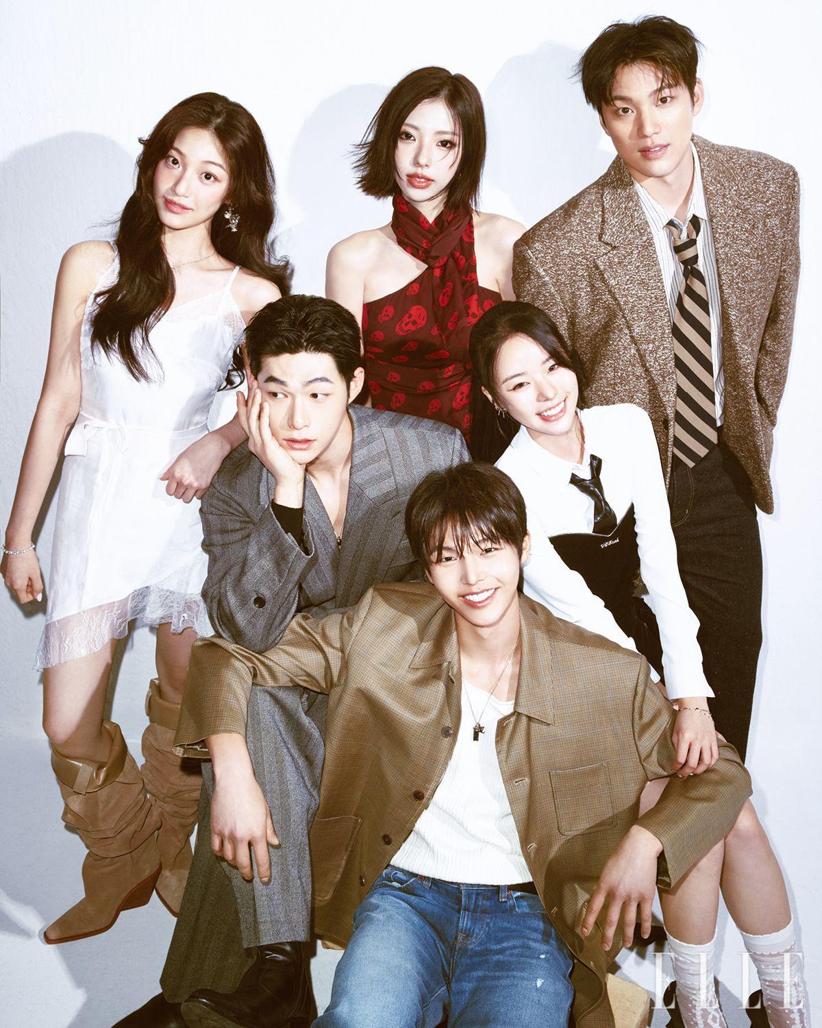 (왼쪽부터) 주영이 입은 원피스는 Jose Moon. 스웨이드 부츠는 Michael Kors. 이어링은 Dana Burton. 네크리스와 브레이슬릿은 모두 Swarovski. 고은이 입은 톱은 Alexander McQueen. 이어링은 Denu. 현우가 입은 재킷은 Taille. 셔츠와 팬츠는 모두 Stu Office. 벨트는 Ralph Lauren. 타이는 스타일리스트 소장품. 승일이 입은 재킷과 카디건, 팬츠는 모두 Ferragamo. 네크리스는 Hei. 벨트는 Saint Lauren. 슈즈는 스타일리스트 소장품. 희선이 입은 원피스는 We11done. 레더 타이는 Our Legacy. 링과 이어링은 모두 Dana Burton. 브레이슬릿은 Hei. 슈즈는 Salt & Chocolate. 삭스와 셔츠는 모두 스타일리스트 소장품. 수빈이 입은 재킷은 Taille. 팬츠는 Calvin Klein. 네크리스는 Louis Vuitton. 슬립과 벨트는 모두 스타일리스트 소장품.