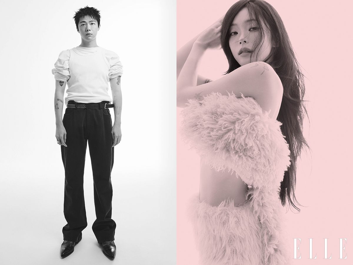 기리보이의 티셔츠는 Homeless, 팬츠와 벨트는 모두 Recto, 슈즈는 Christian Louboutin, 링은 모두 Acne Studios, 티셔츠에 레이어드 한 슬리브리스는 스타일리스트 소장품. 헤이즈가 착용한 팬츠는 Ych, 톱으로 연출한 머플러는 스타일리스트 소장품.