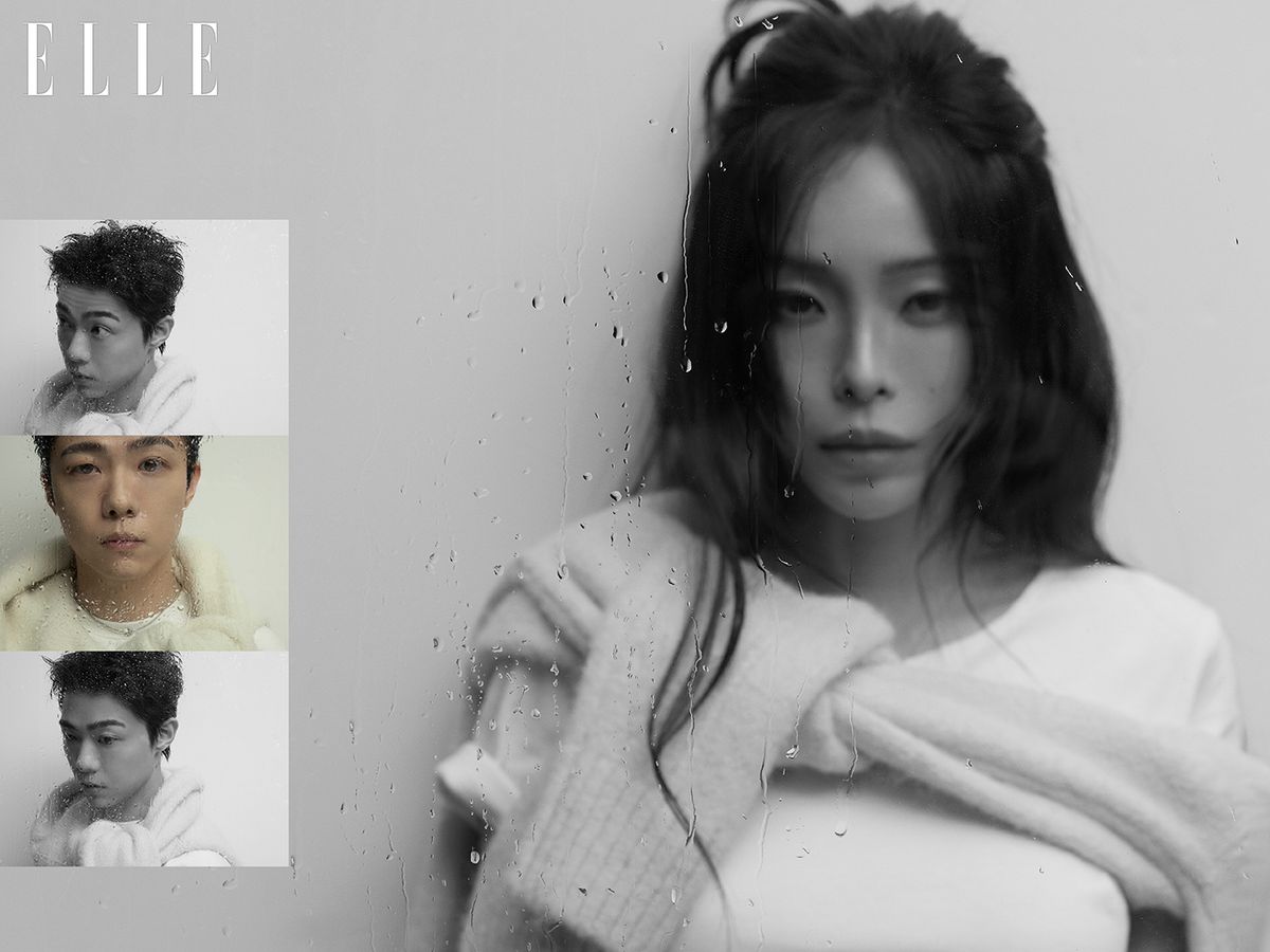 기리보이의 티셔츠는 Redbigeye, 어깨에 두른 니트는 Le Rhee, 네크리스는 Hyend. 헤이즈 어깨에 두른 니트는 Le Rhee, 티셔츠는 스타일리스트 소장품.