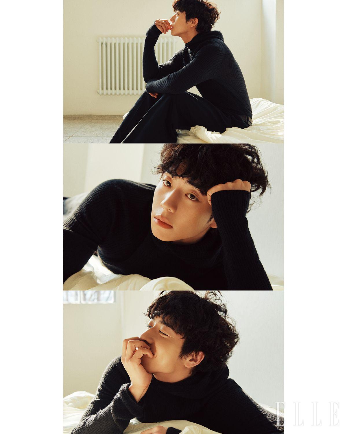 블랙 후디드 니트 톱과 벨티드 팬츠는 모두 Recto.