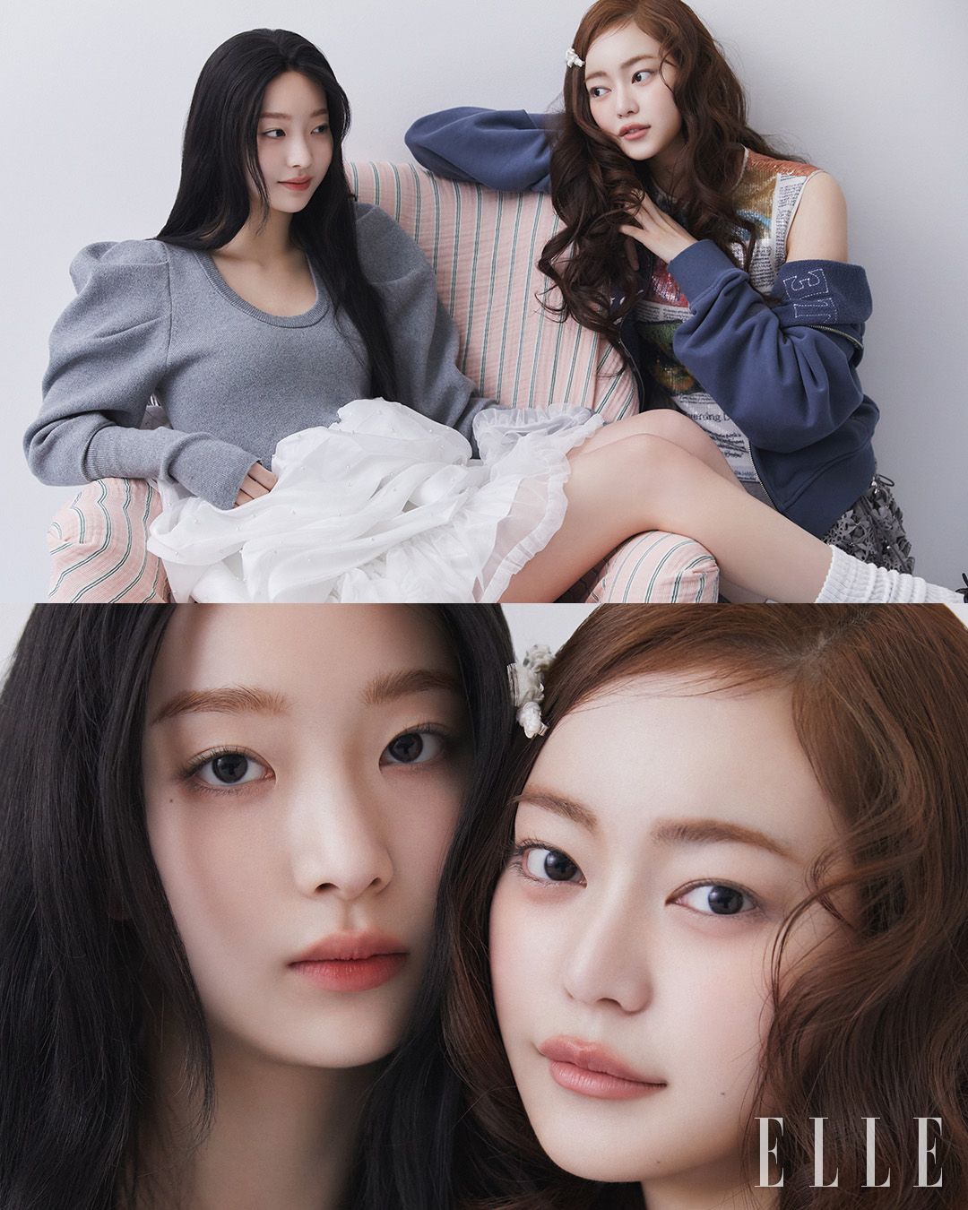 디하나의 톱은 Bibiy, 스커트는 Alki Alki, 슈즈는 Taeda, 카미온의 톱과 아우터는 모두 Trinite Studio, 스커트는 Yueqi Qi, 슈즈는 Repetto , 헤어핀은 R.l.e. 