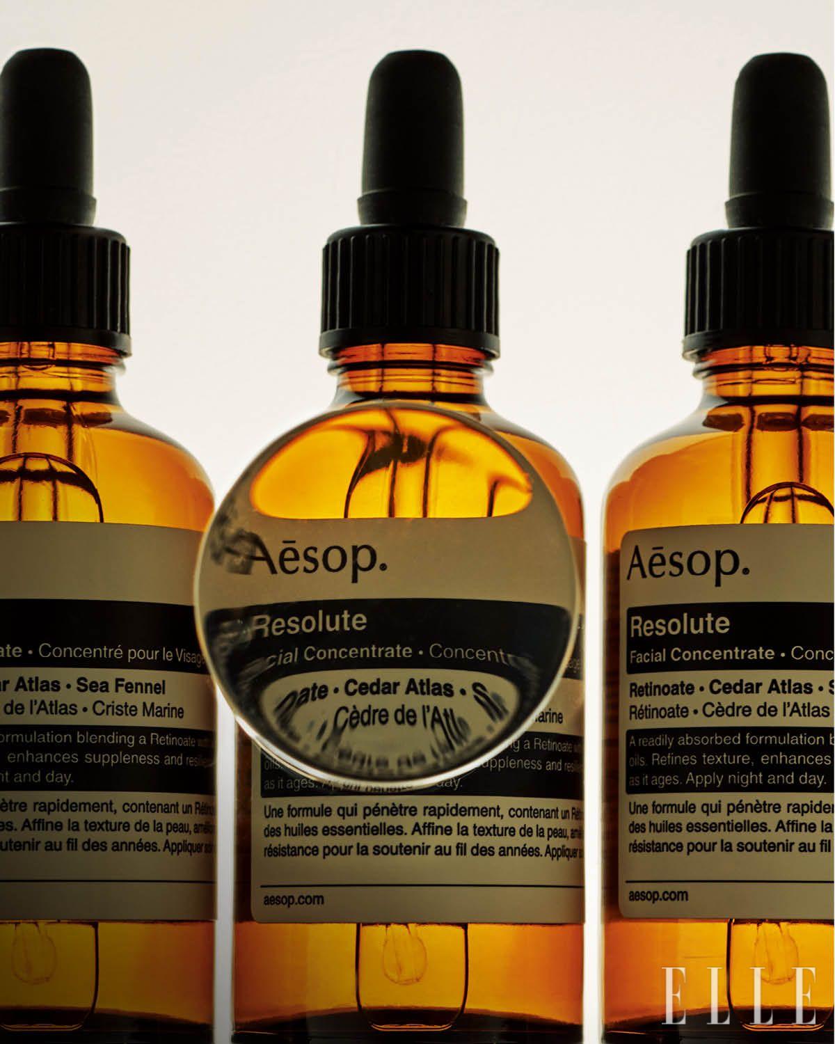 레티놀과 유사한 효과를 내면서 피부 자극을 최소화한 하이드록시피나콜론 레티노에이트(HPR)와 스쿠알란 성분으로 피부에 깔끔하게 스며드는 레졸루트 페이셜 컨센트레이트, 25ml 14만6천원, 60ml 24만원, Aēsop.
