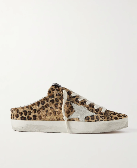 슈퍼스타 디스트레스드 레오파드 프린트 카프 헤어 스니커즈