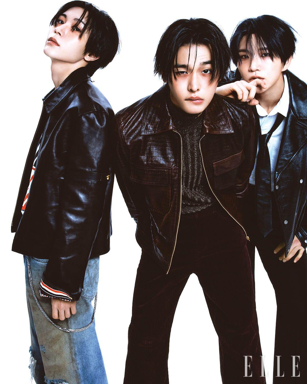 료가 입은 레더 재킷은 Thom Browne. 티셔츠는 Madeworn by Mue. 데님 데미지 팬츠는 Acne Studios. 체인은 스타일리스트 소장품. 리쿠가 입은 레더 재킷과 글리터 톱, 팬츠는 모두 Amiri. 재희가 입은 블랙 재킷은 Saint Laurent. 셔츠와 팬츠, 타이는 스타일리스트 소장품.