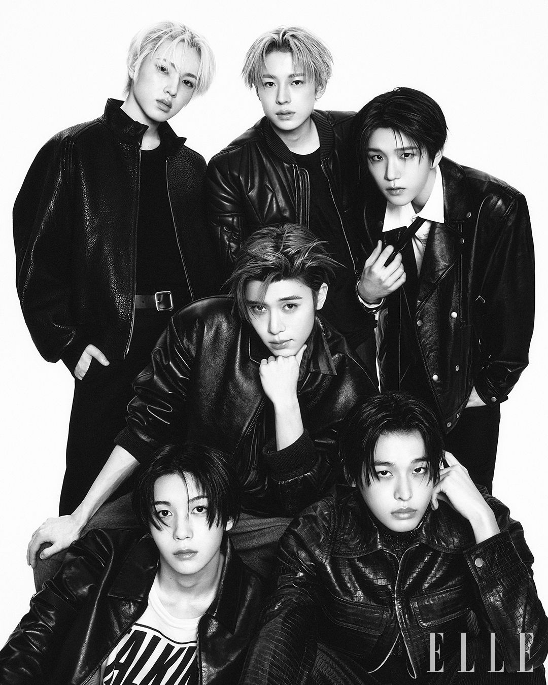 료가 입은 레더 재킷은 Thom Browne. 티셔츠는 Madeworn by Mue. 사쿠야가 입은 레더 재킷은 Studio Nicholson, 블랙 톱은 Rick Owens, 팬츠는 Jil Sander, 벨트는 스타일리스트 소장품. 유우시가 입은 레더 패딩 재킷과 브라운 톱은 Moncler x Rick Owens. 재희가 입은 블랙 재킷은 Saint Laurent. 셔츠와 팬츠, 타이는 스타일리스트 소장품. 리쿠가 입은 레더 재킷과 글리터 톱, 팬츠는 모두 Amiri. 시온이 입은 레더 재킷은 Recto. 셔츠는 Acne Studios.