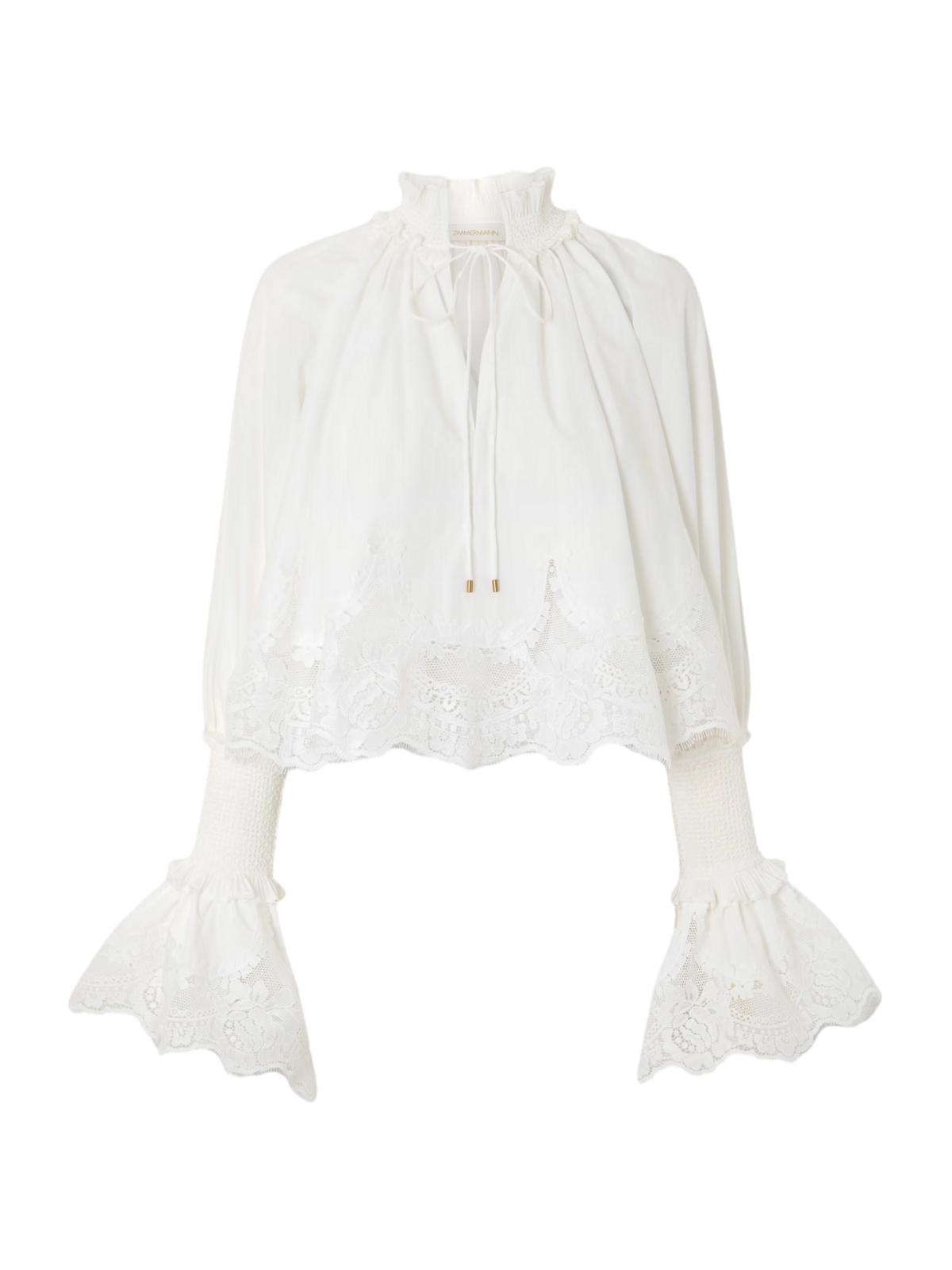 Lace-trimmed shirred cotton blouse