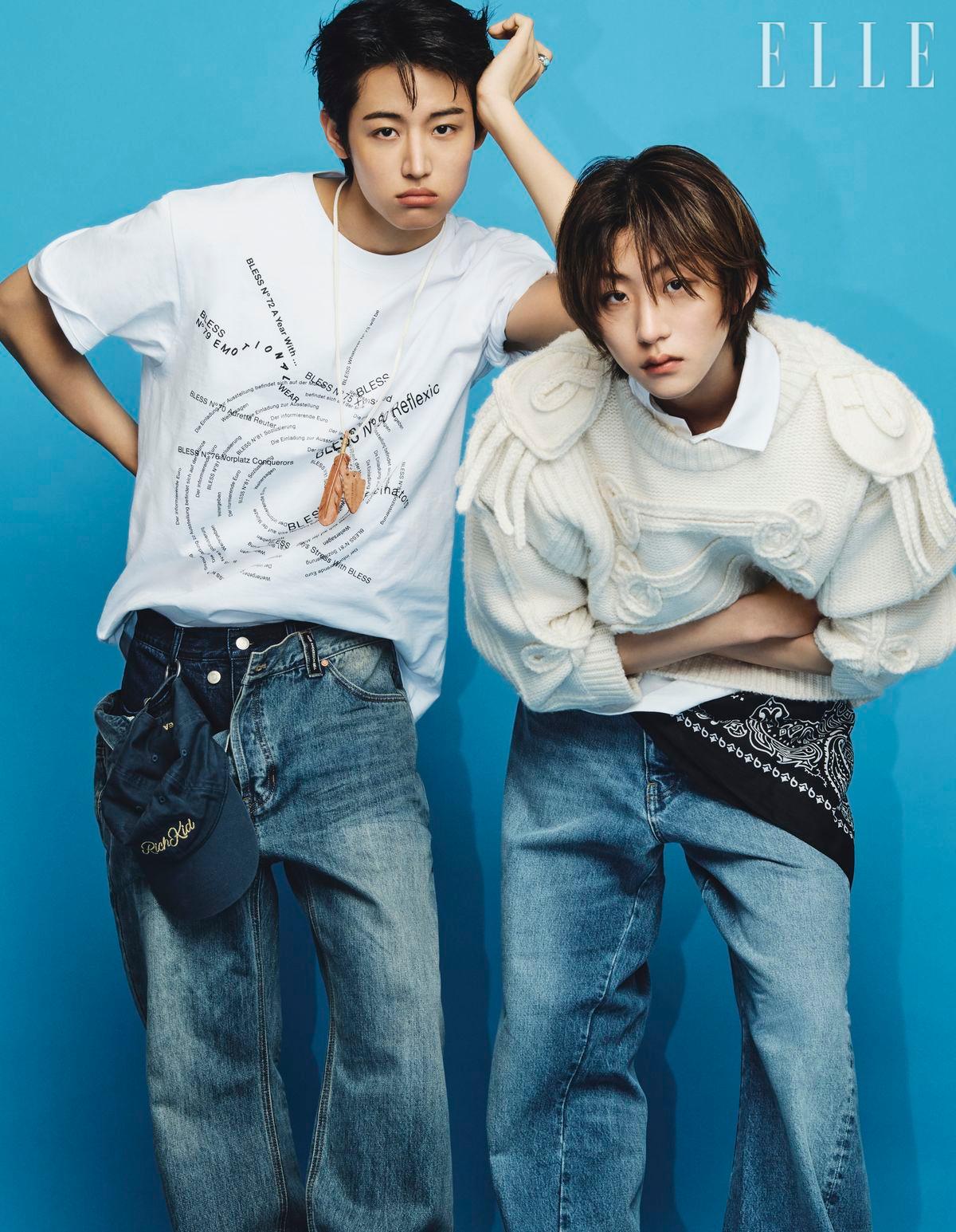 용훈이 입은 티셔츠는 Bless. 데님 팬츠는 Andersson Bell. 목걸이, 모자는 모두 스타일리스트 소장품. 원빈이 입은 니트는 Kenzo. 피케는 Lacoste. 팬츠, 스카프는 모두 스타일리스트 소장품. 