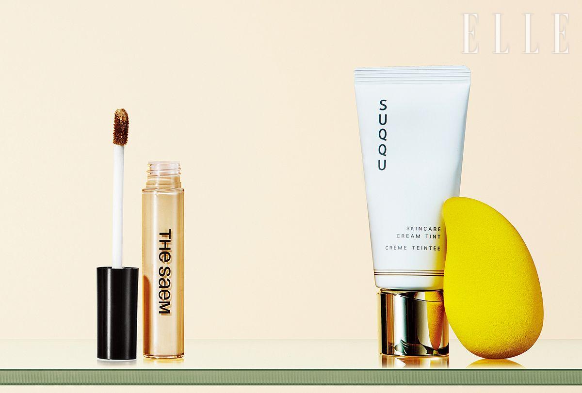 커버 퍼펙션 팁 컨실러, 1.5, 5천5백원, The Saem. 스킨케어 크림 틴트, 10, 9만원, Suqqu. 망고 스펀지, 3ea 1만3천2백원, Majoie. 