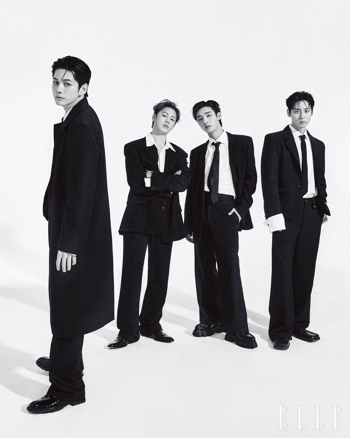 성우가 입은 코트는 Maison Margiela. 셔츠는 Ferragamo. 팬츠는 Kimseoryong Homme. 슈즈는 McQueen. 성운이 입은 재킷은 Marine Serre. 팬츠는 Egonlab. 슈즈는 Gmbh. 지성이 입은 재킷은 Saint Laurent by Anthony Vaccarello. 셔츠는 Estado. 팬츠는 Courrèges. 슈즈는 Prada. 타이는 Ernest W. Baker. 민현이 입은 재킷과 팬츠는 모두 Egonlab. 슈즈는 Martine Rose. 