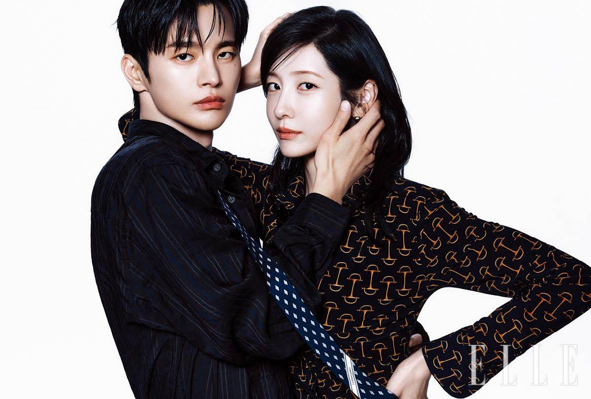 인국이 입은 셔츠와 타이, 스카프는 모두 Ferragamo. 지현이 입은 패턴 셔츠는 Lauren Ralph Lauren.