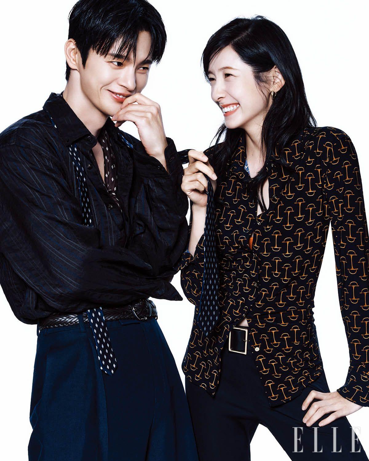 인국이 입은 셔츠와 팬츠, 타이, 스카프는 모두 Ferragamo. 지현이 입은 패턴 셔츠는 Lauren Ralph Lauren. 퓌조 팬츠는 Courrèges. 귀고리는 Hustad. 브라렛과 벨트는 스타일리스트 소장품.